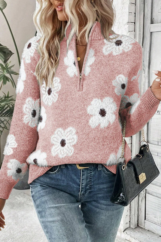 Varm genser med blomstret halv glidelås for dame