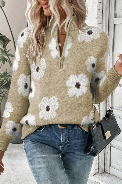 Varm genser med blomstret halv glidelås for dame