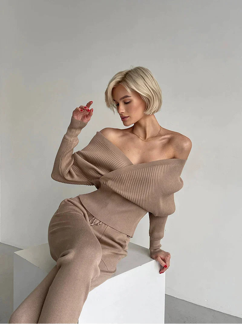 Sexy todelt strikkedress uten skuldre