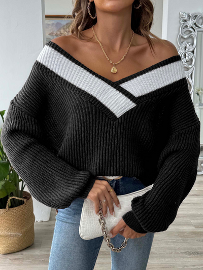 Elegant, løs genser med dyp v-hals for kvinner