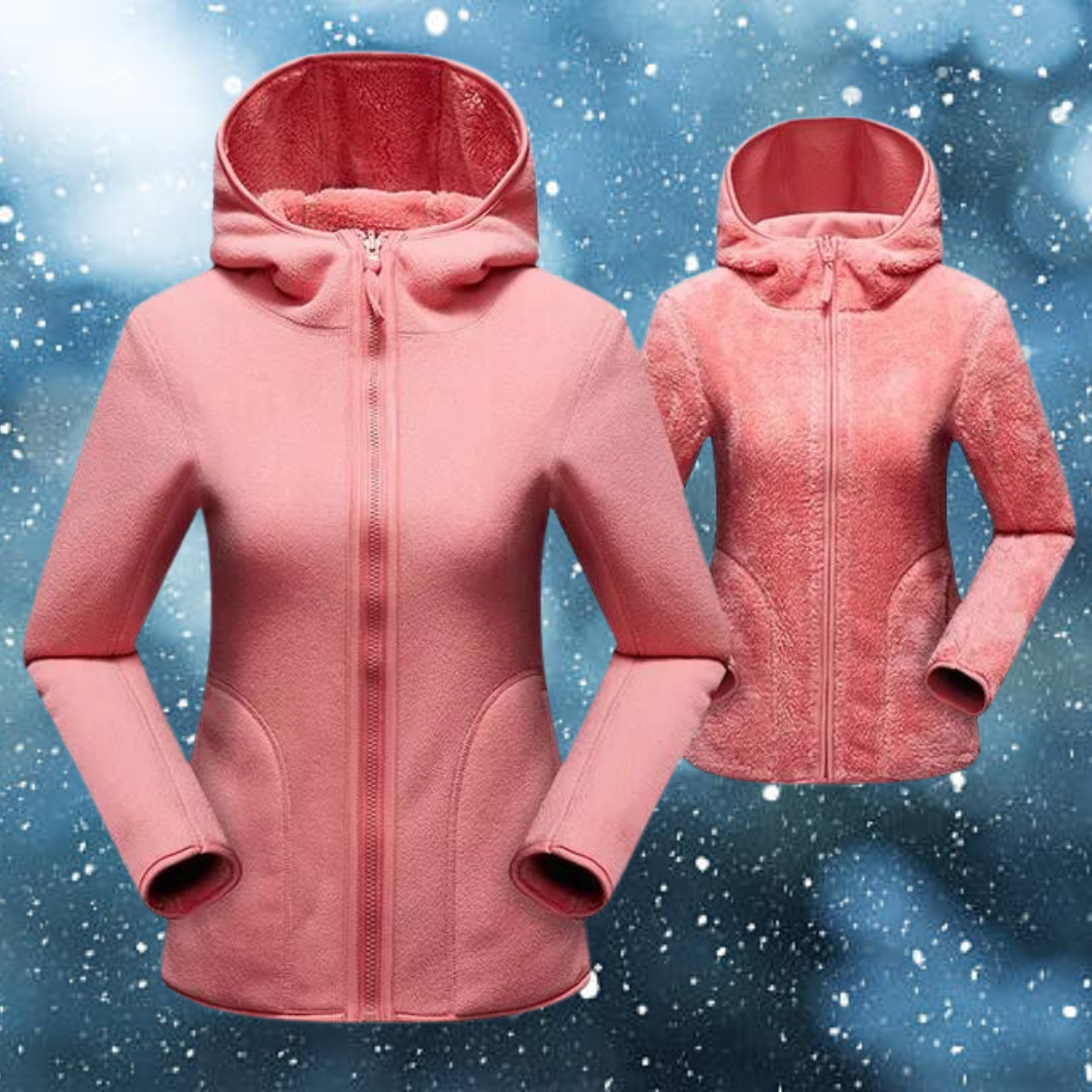 Mitzi - Løs og vendbar hettegenser i korallfarget fleece