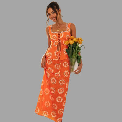 Boho chic maxikjole og topp med solstråleprint