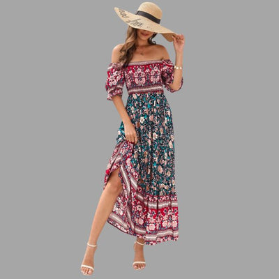 Boho maxikjole med blomstermønster og off-the-shoulder-snitt