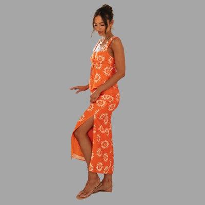 Boho chic maxikjole og topp med solstråleprint