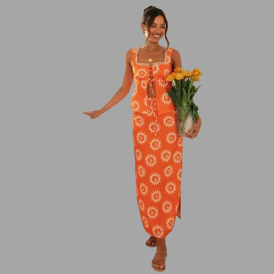 Boho chic maxikjole og topp med solstråleprint