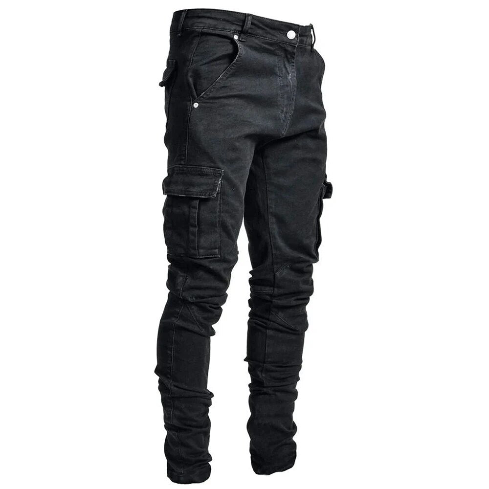 Cargo-bukser i denim med flere lommer for menn