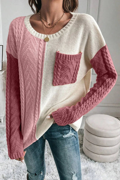 Trendy genser med rund hals og fargeblokk for kvinner