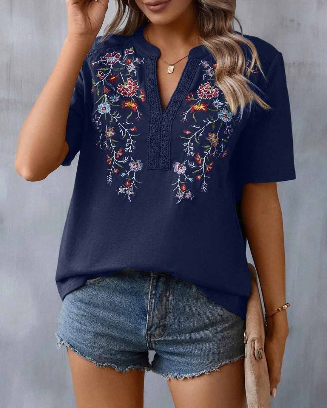 Brodert blomstret bluse for kvinner