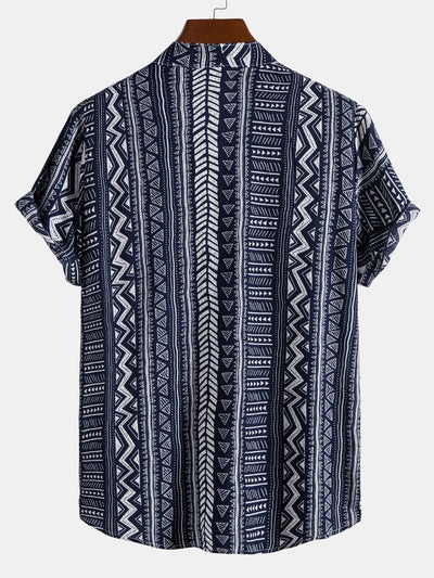 Skjorte med geometrisk tribaltrykk og halv mansjett med Henley-krage